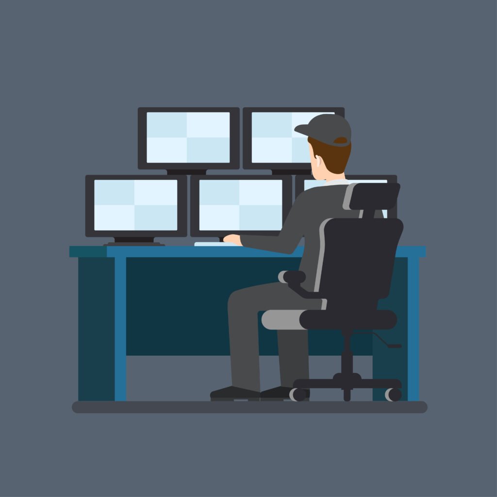 security guard room camera monitor table workplace. flat style modern professional job related icon man workplace objects. showcase box phone laptop pc stock. people work collection.